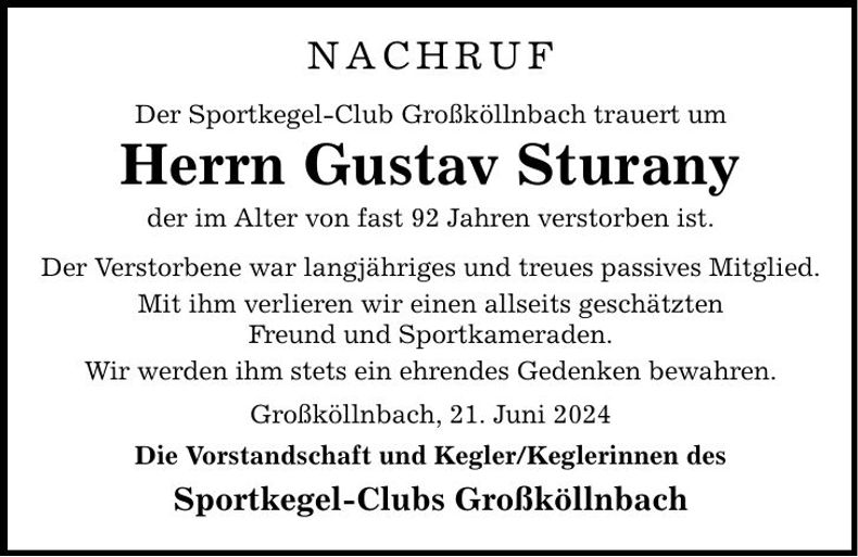 Traueranzeige Gustav Sturany