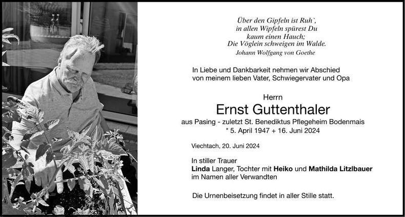 Traueranzeige Ernst Guttenthaler
