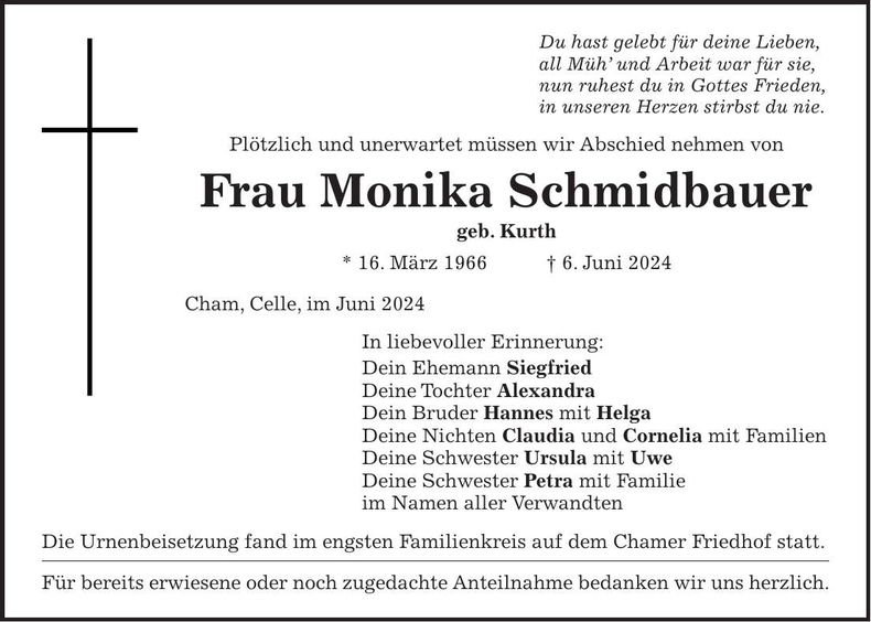 Traueranzeige Monika Schmidbauer