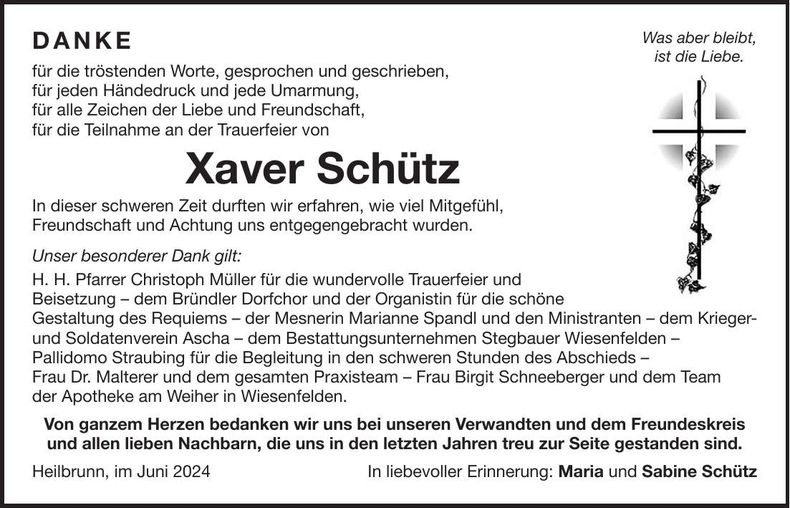 Traueranzeige Franz-Xaver Schütz