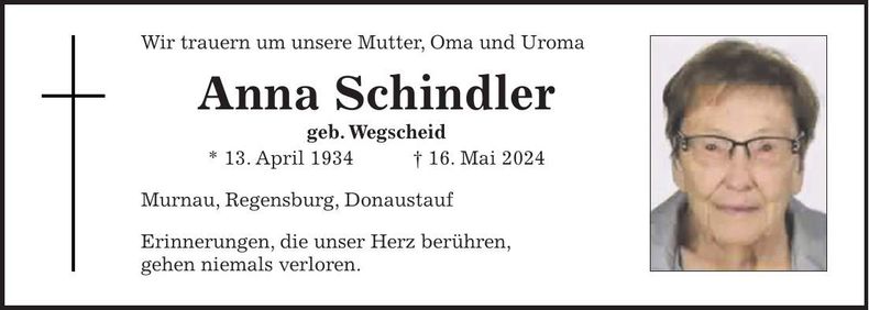 Traueranzeige Anna Schindler