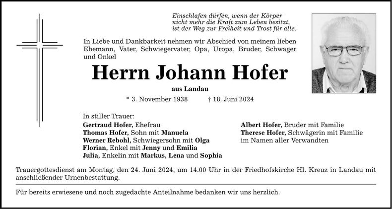 Traueranzeige Johann Hofer