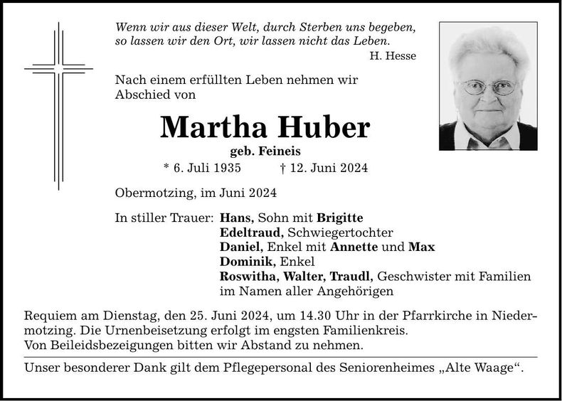 Traueranzeige Martha Huber