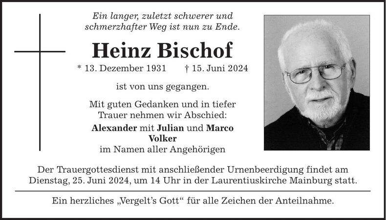 Traueranzeige Heinz Bischof