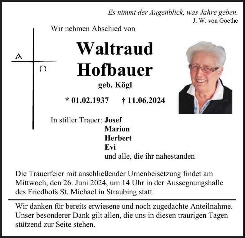 Traueranzeige Waltraud Hofbauer