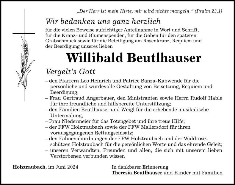 Traueranzeige Willibald Beutlhauser
