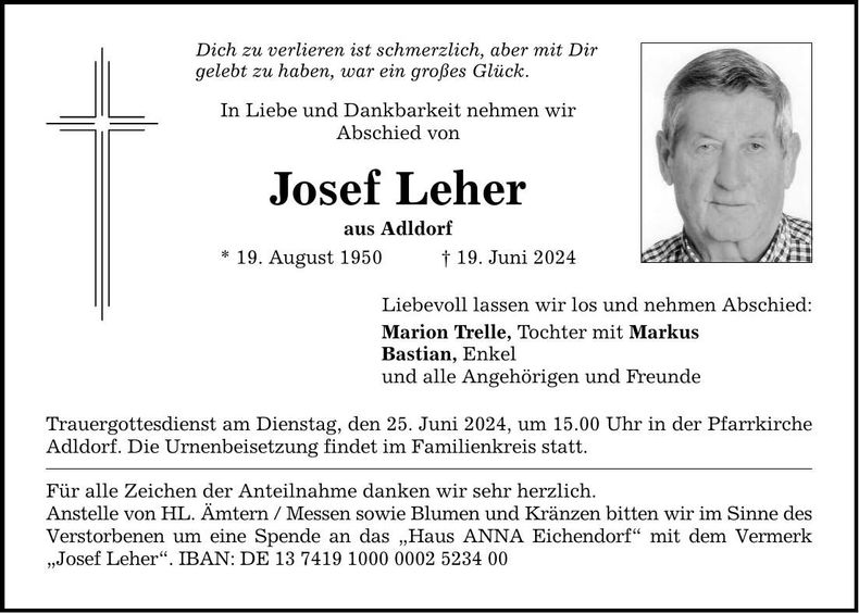 Traueranzeige Josef Leher