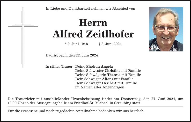 Traueranzeige Alfred Zeitlhofer