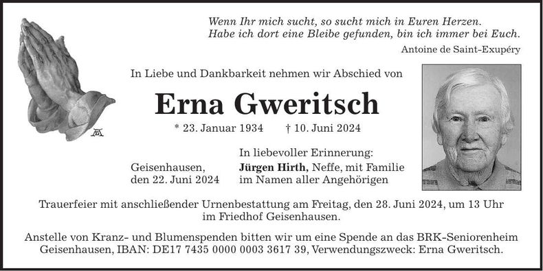 Traueranzeige Erna Gweritsch