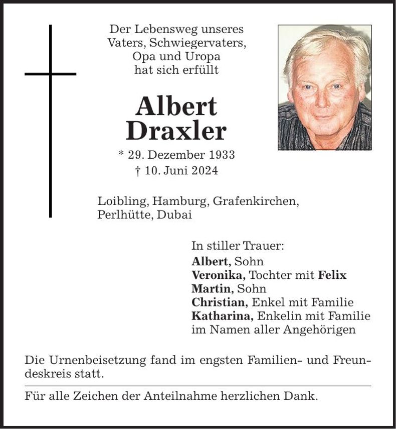 Traueranzeige Albert Draxler