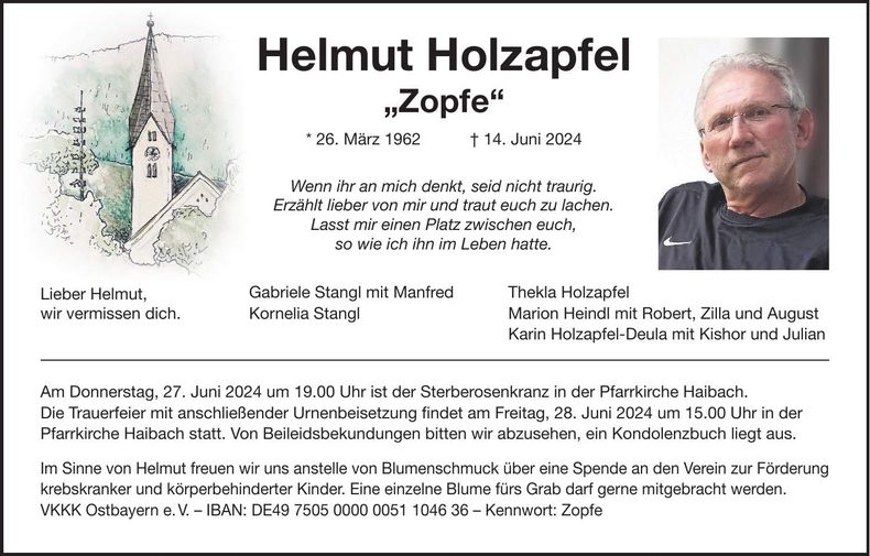 Traueranzeige Helmut Holzapfel