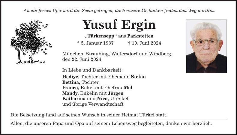 Traueranzeige Yusuf Ergin