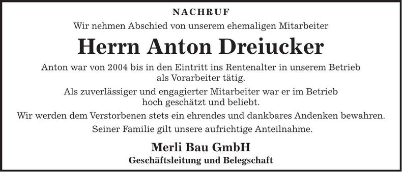 Traueranzeige Anton Dreiucker
