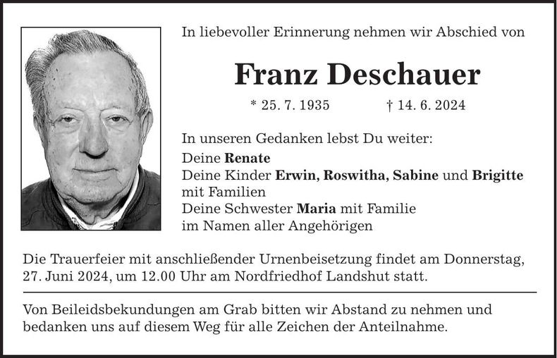 Traueranzeige Franz Deschauer