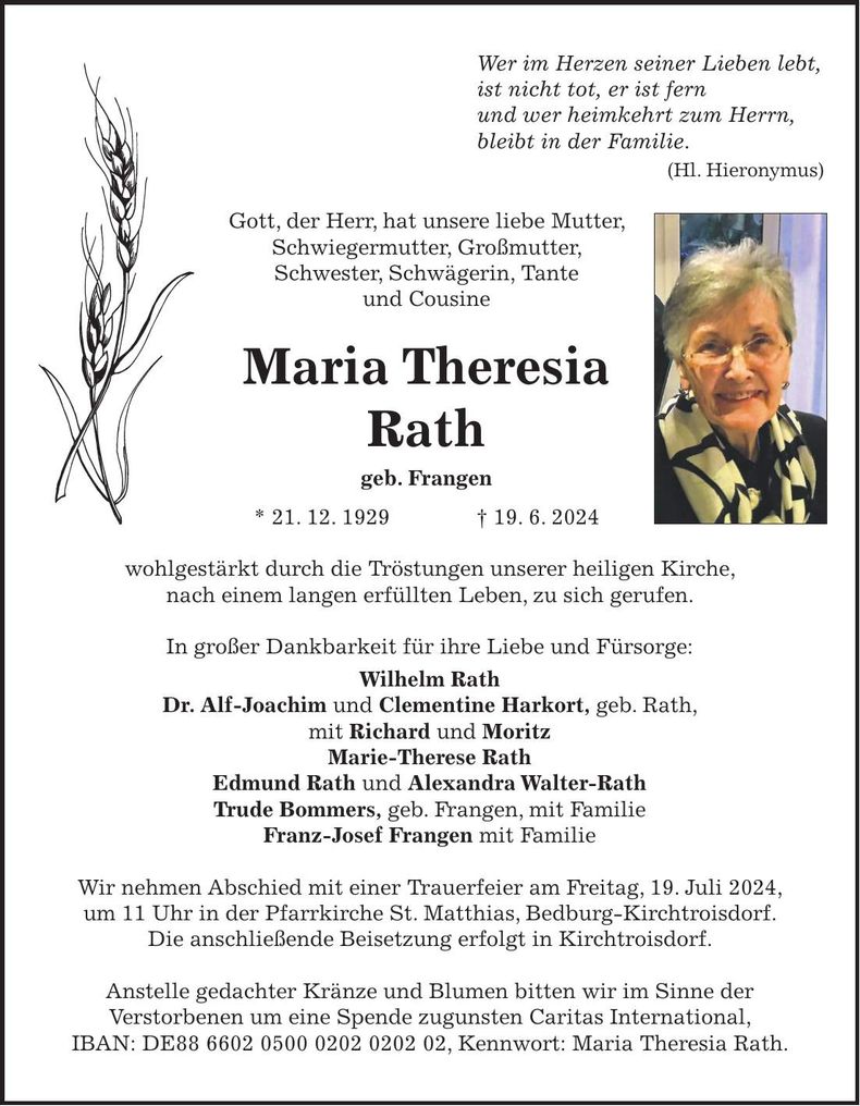 Traueranzeige Maria Theresia Rath