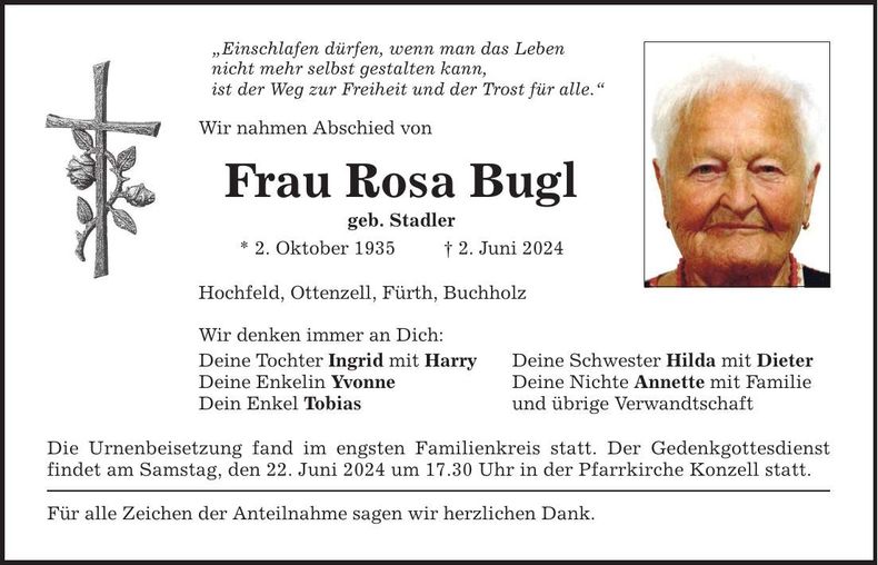 Traueranzeige Rosa Bugl