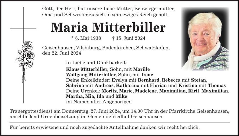 Traueranzeige Maria Mitterbiller