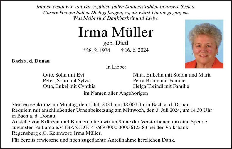 Traueranzeige Irma Müller