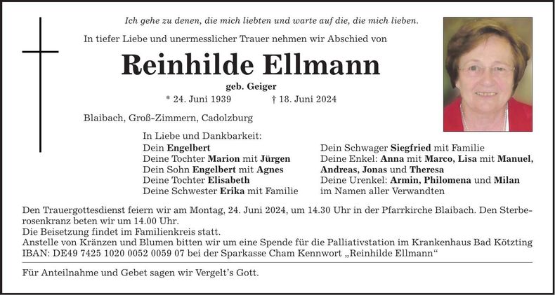 Traueranzeige Reinhilde Ellmann
