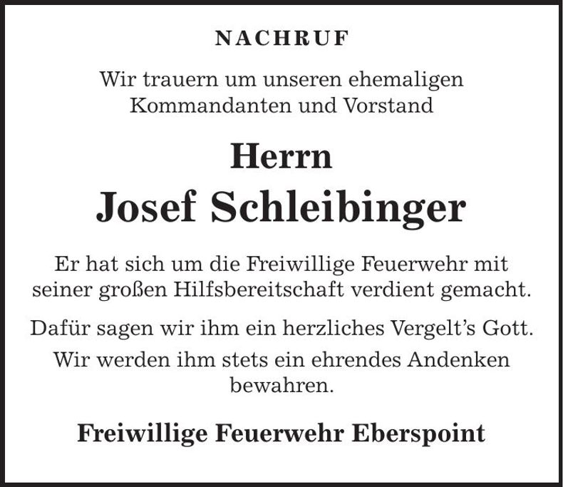 Traueranzeige Josef Schleibinger