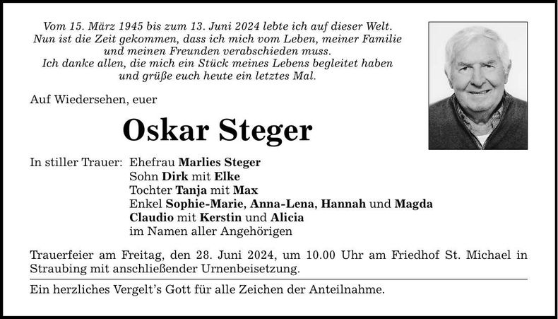 Traueranzeige Oskar Steger