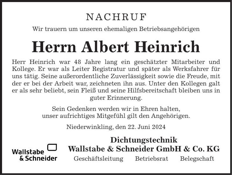 Traueranzeige Albert Heinrich