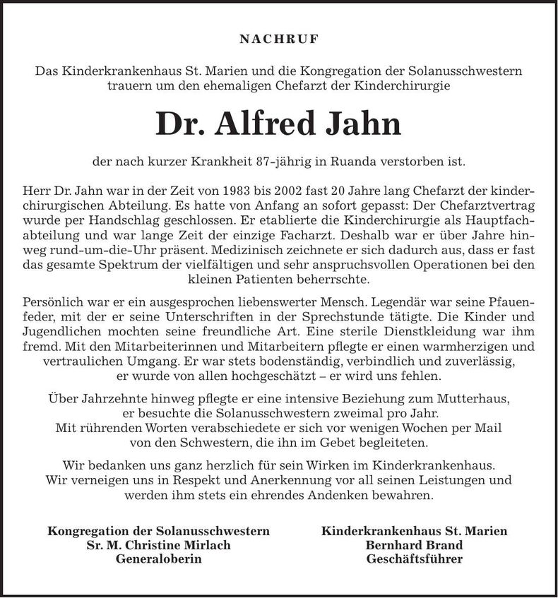 Traueranzeige Dr. Alfred Jahn