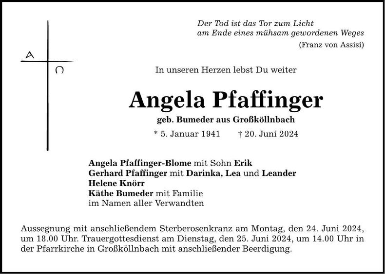 Traueranzeige Angela Pfaffinger