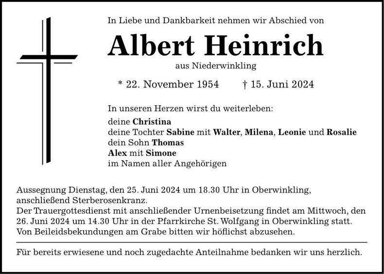 Traueranzeige Albert Heinrich