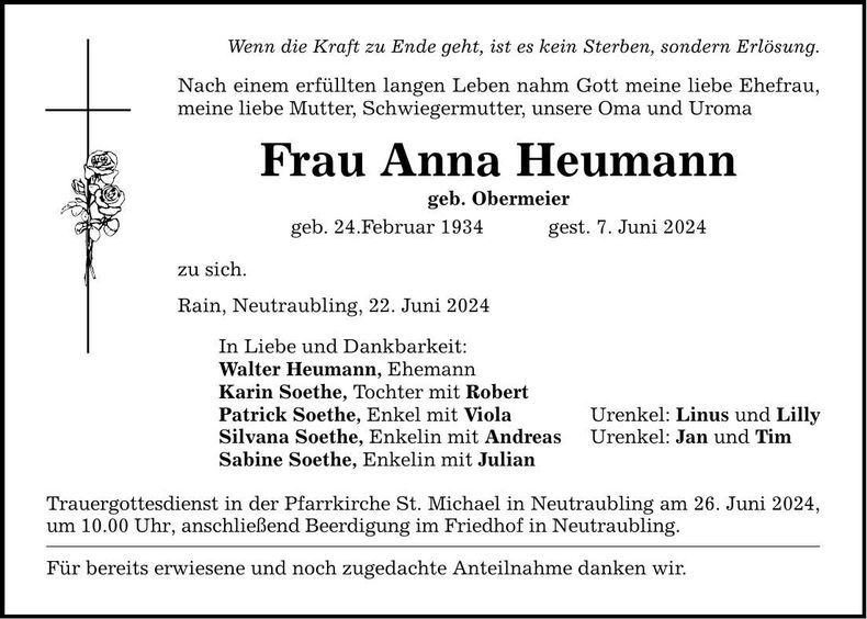 Traueranzeige Anna Heumann