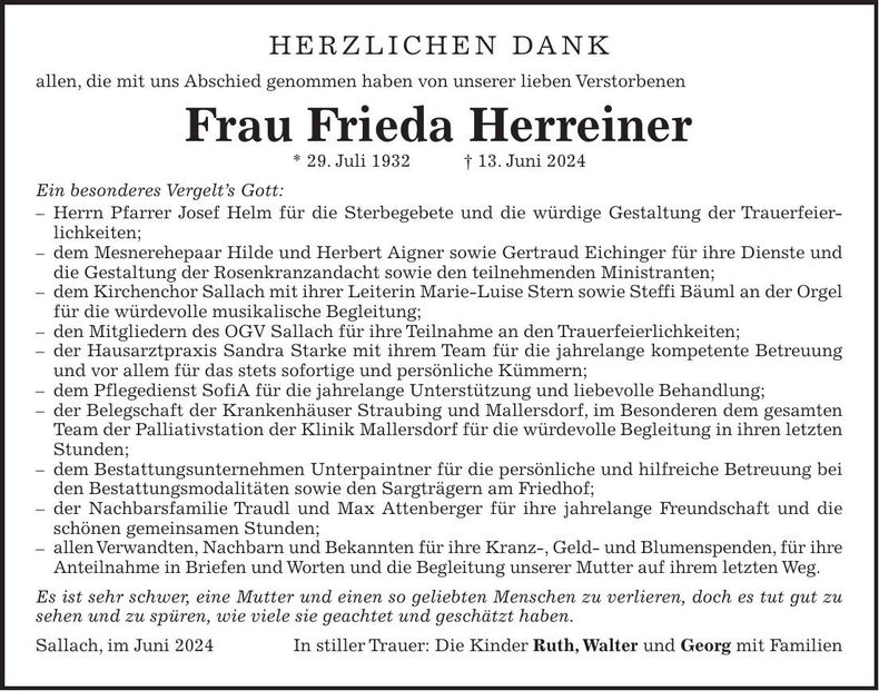 Traueranzeige Frieda Herreiner