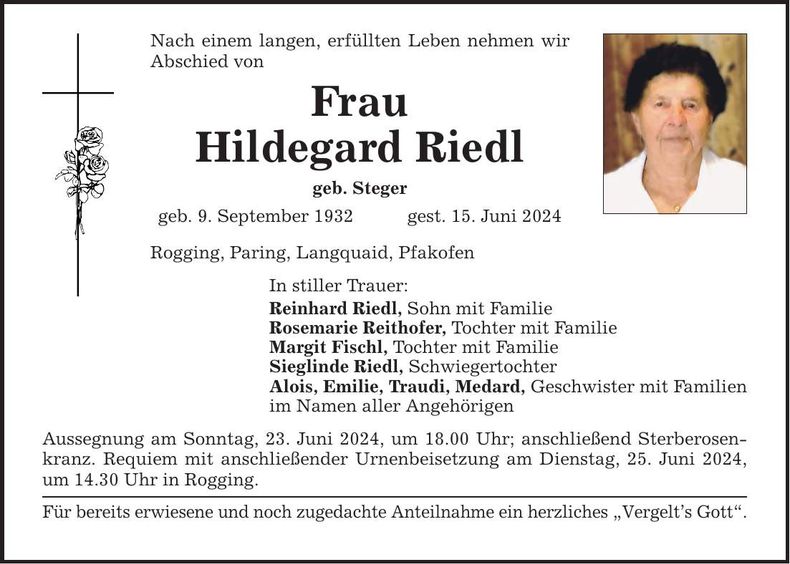 Traueranzeige Hildegard Riedl