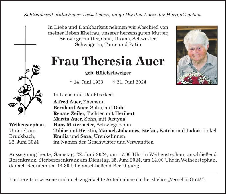 Traueranzeige Theresia Auer