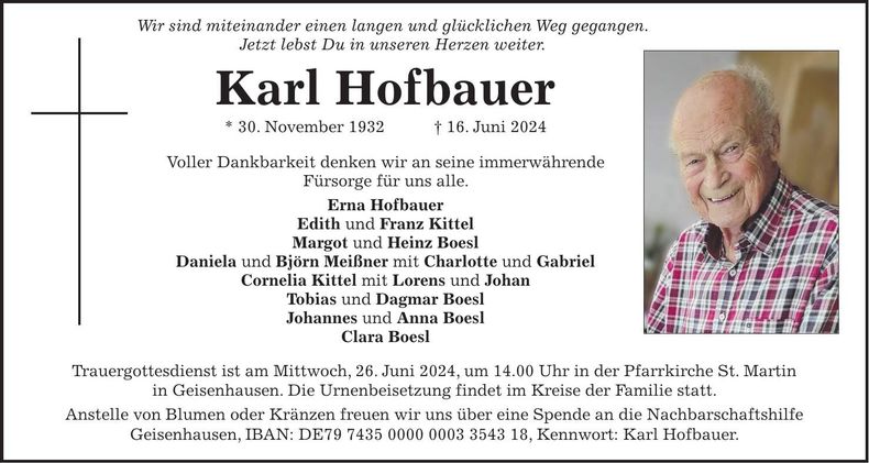 Traueranzeige Karl Hofbauer