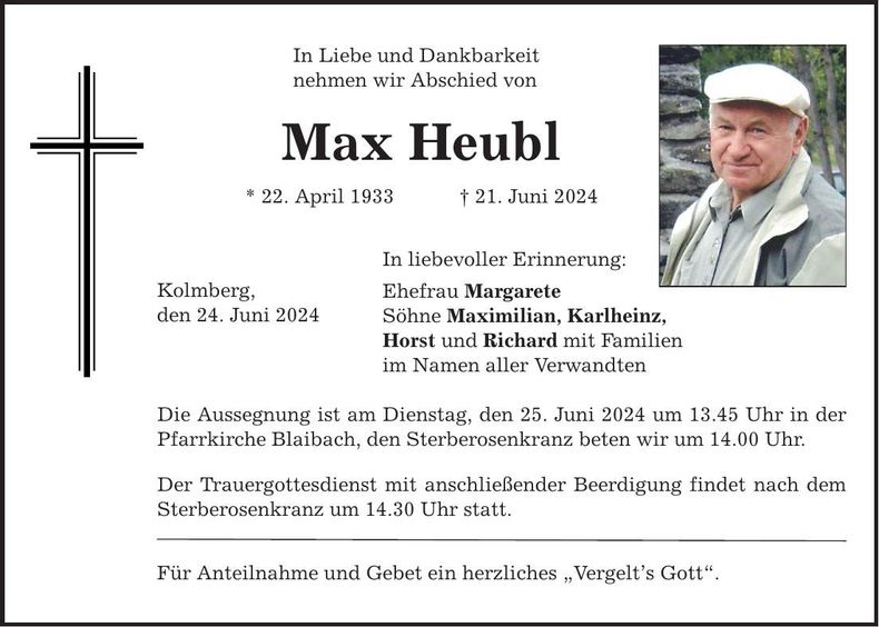 Traueranzeige Max Heubl