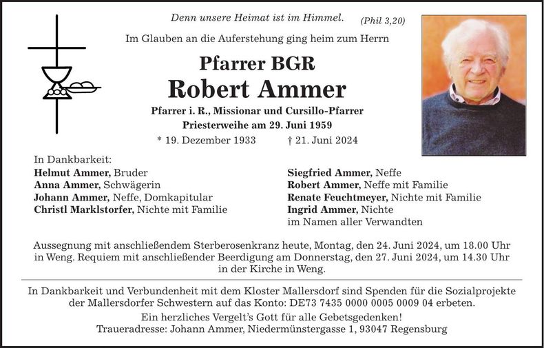 Traueranzeige Robert Pfarrer BGR Ammer