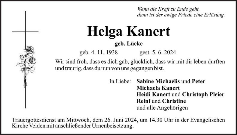 Traueranzeige Helga Kanert