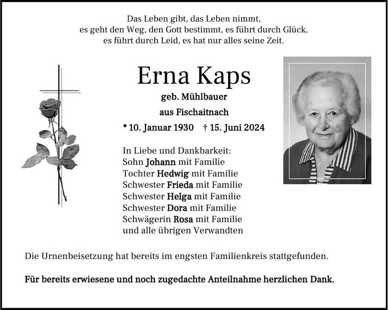 Traueranzeige Erna Kaps