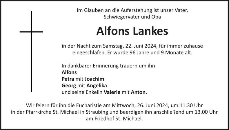 Traueranzeige Alfons Lankes