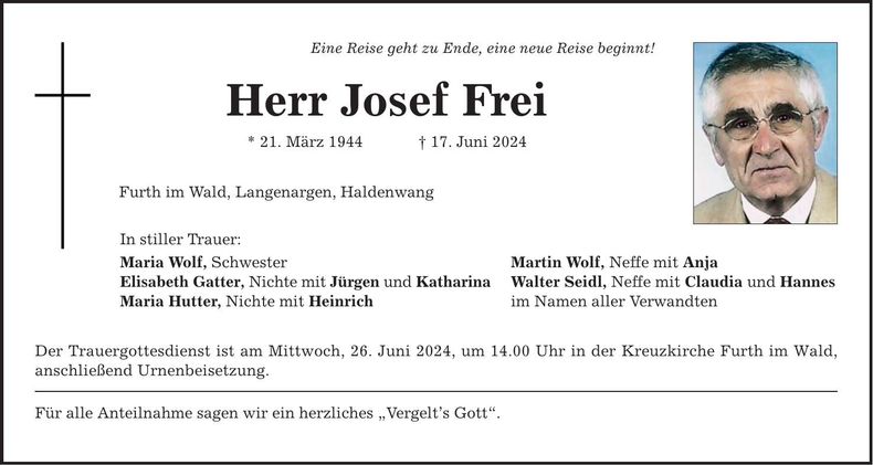 Traueranzeige Josef Frei