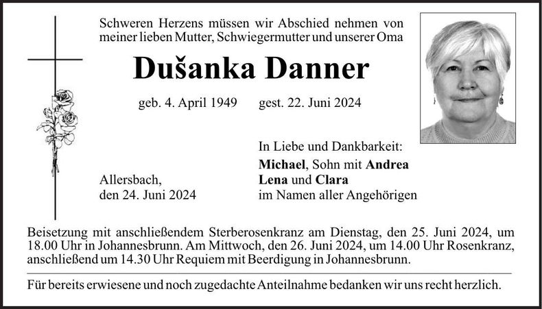 Traueranzeige Dušanka Danner