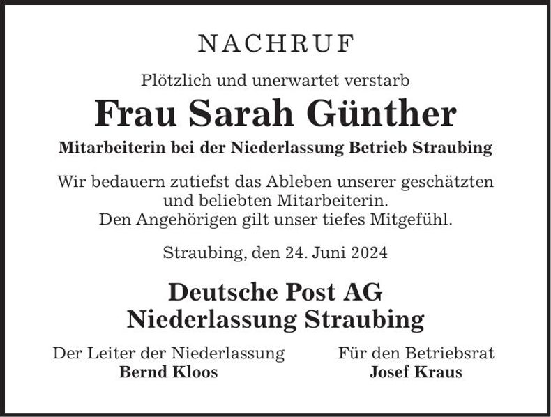 Traueranzeige Sarah Günther