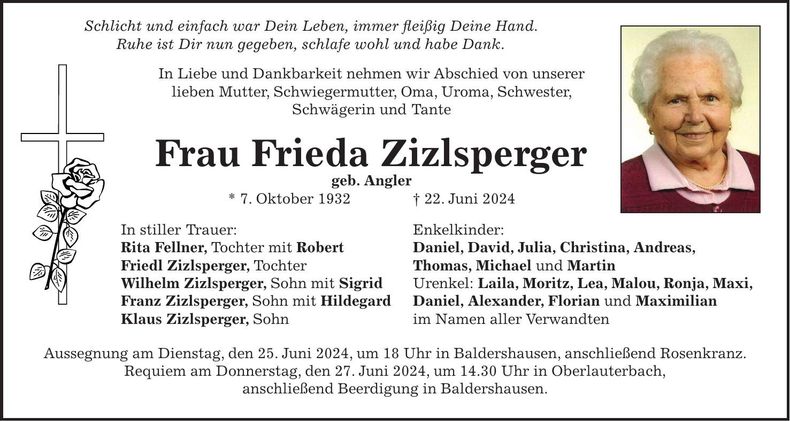 Traueranzeige Frieda Zizlsperger