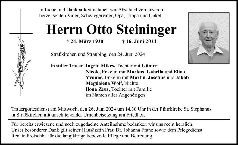Traueranzeige Otto Steininger