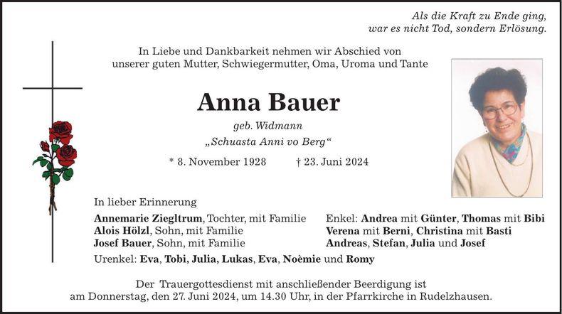 Traueranzeige Anna Bauer