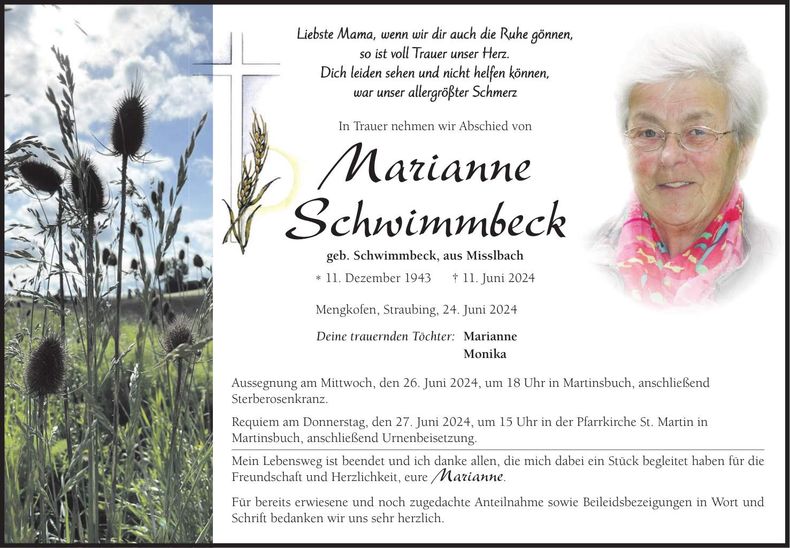 Traueranzeige Marianne Schwimmbeck