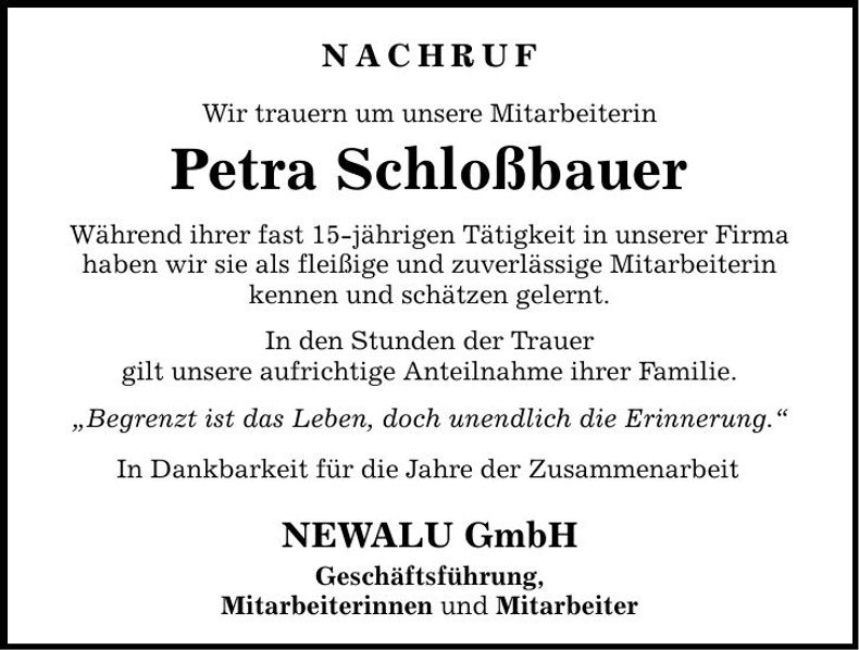 Traueranzeige Petra Schloßbauer