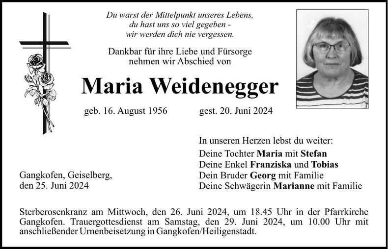 Traueranzeige Maria Weidenegger