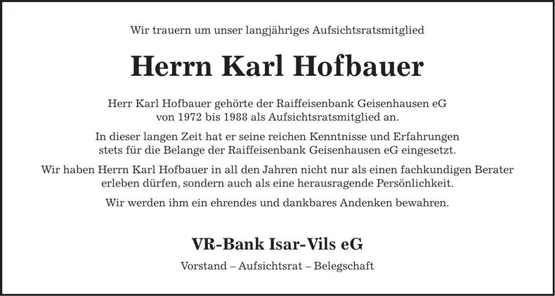 Traueranzeige Karl Hofbauer