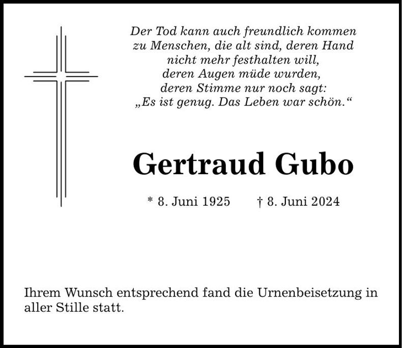 Traueranzeige Gertraud Gubo